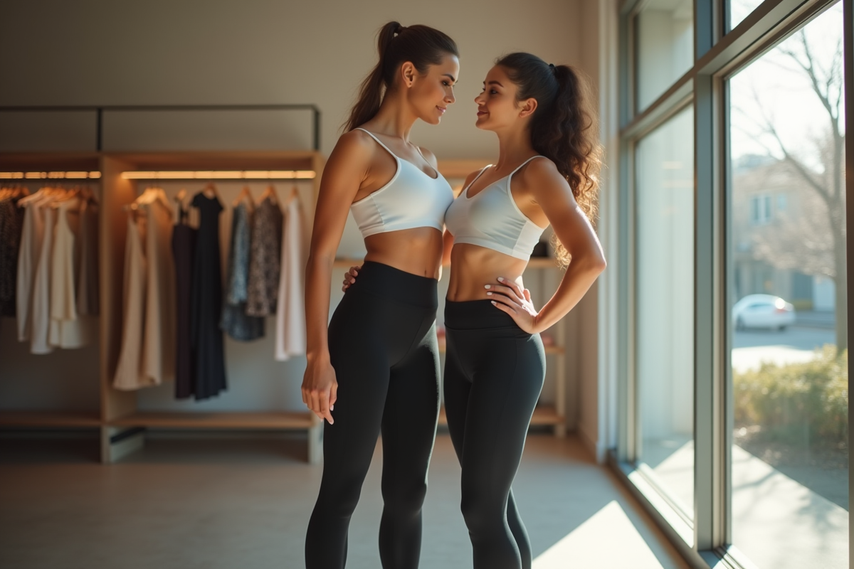 Jeune femme comparant différents leggings dans une boutique lumineuse