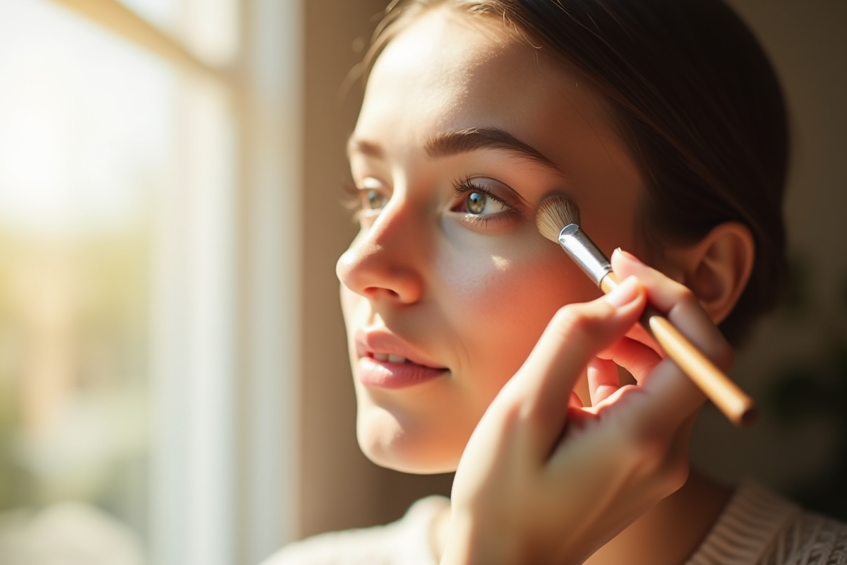 Jeune femme appliquant un ombre neutre devant une grande fenêtre lumineuse