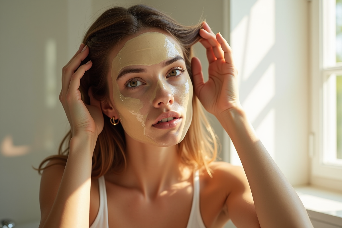 Jeune femme appliquant un masque argan sur cheveux humides