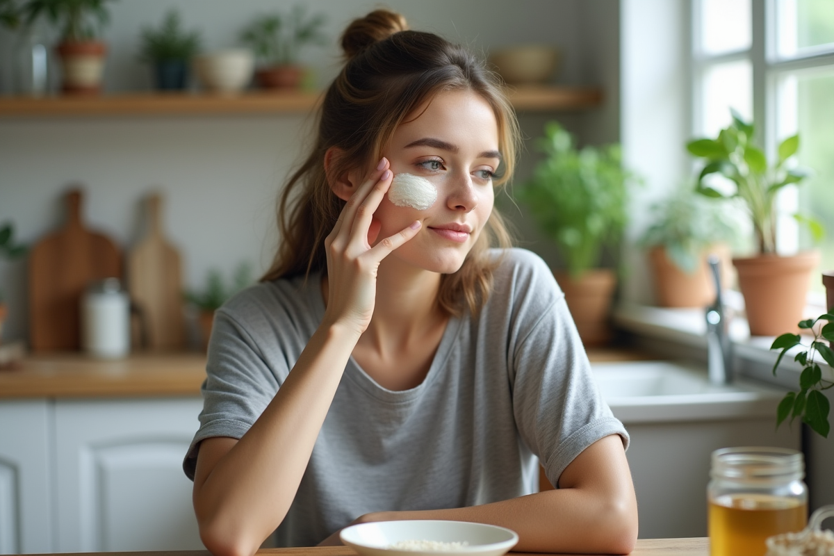 Jeune femme appliquant un masque visage fait maison
