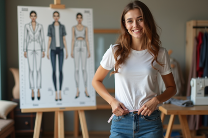 Jeune femme en tailleur mesurant sa taille dans un atelier