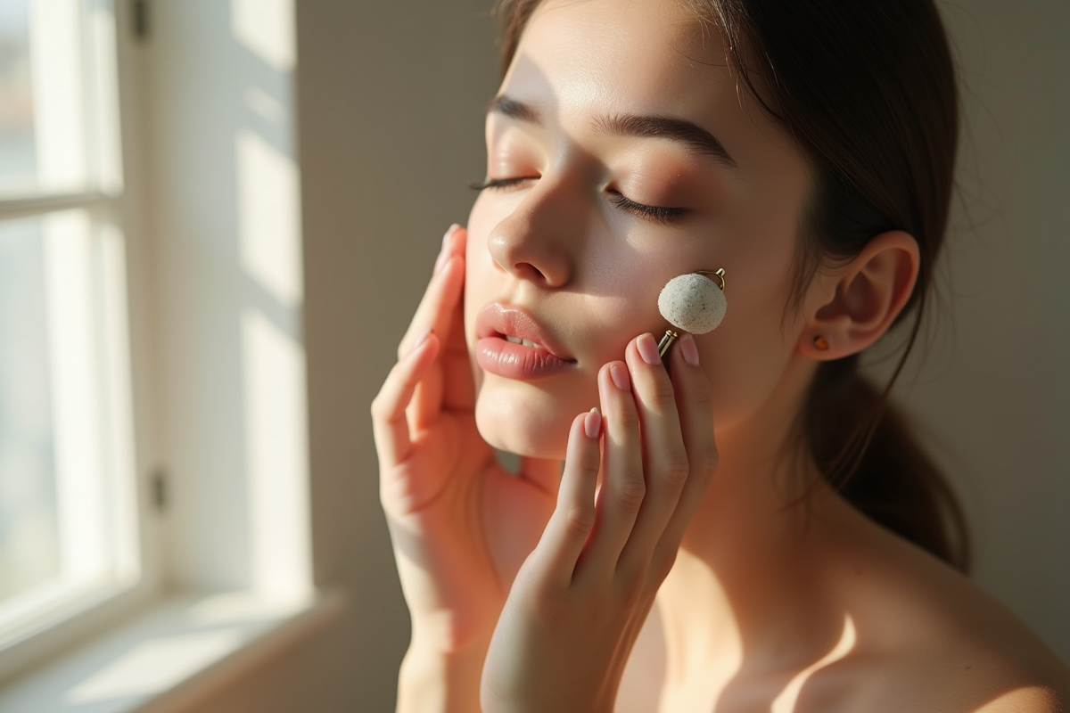 Jeune femme utilisant un rouleau visage pour une peau saine