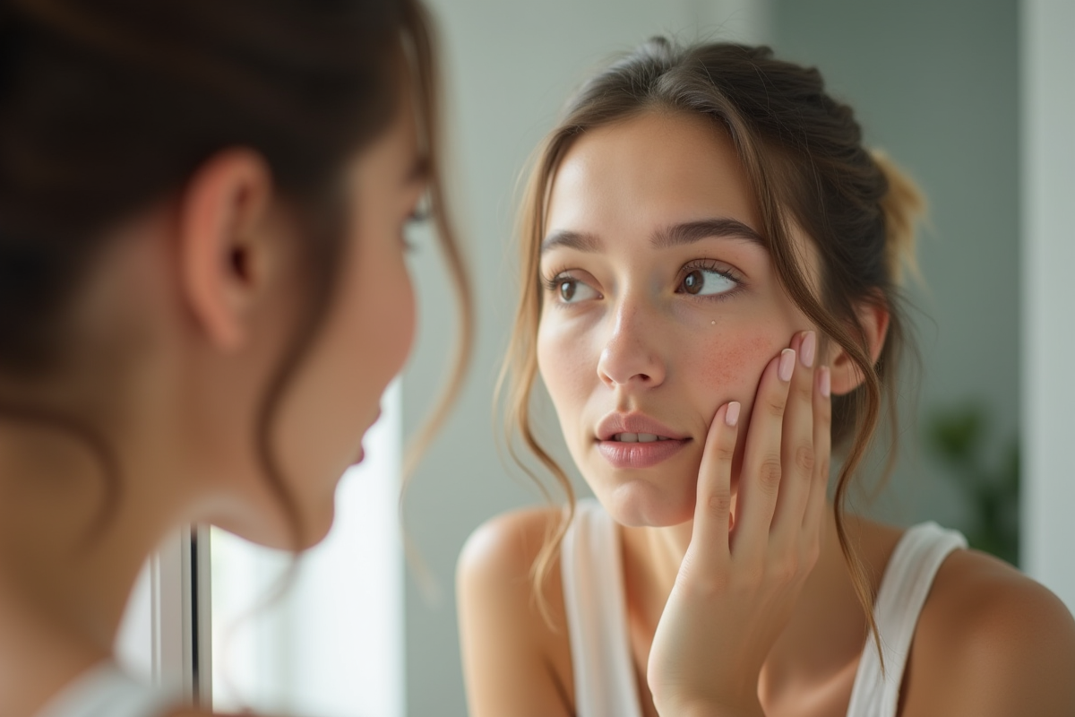 Jeune femme examinant sa peau dans un miroir lumineux