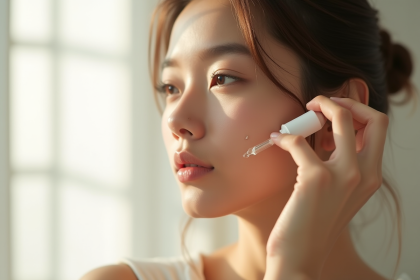 Jeune femme appliquant un serum sur le visage dans une salle lumineuse