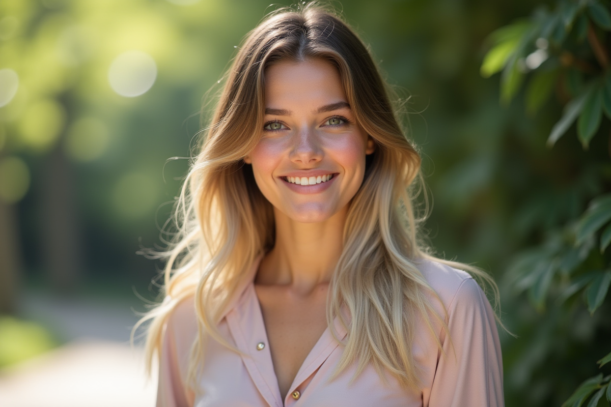Jeune femme souriante en plein air avec cheveux mi-châtain mi-blond