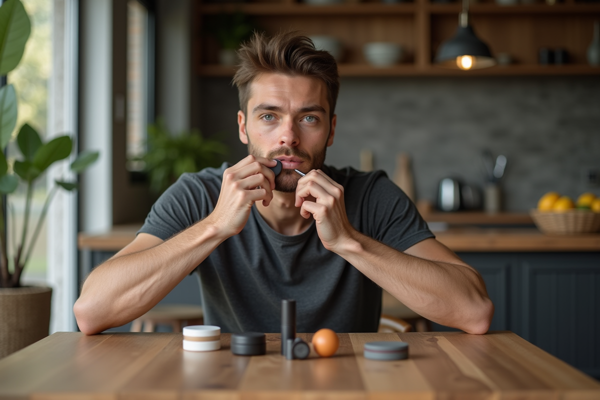 Jeune homme se contournant le visage avec une éponge dans la cuisine