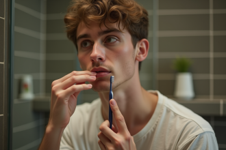 Jeune homme regardant ses lèvres dans le miroir de la salle de bain