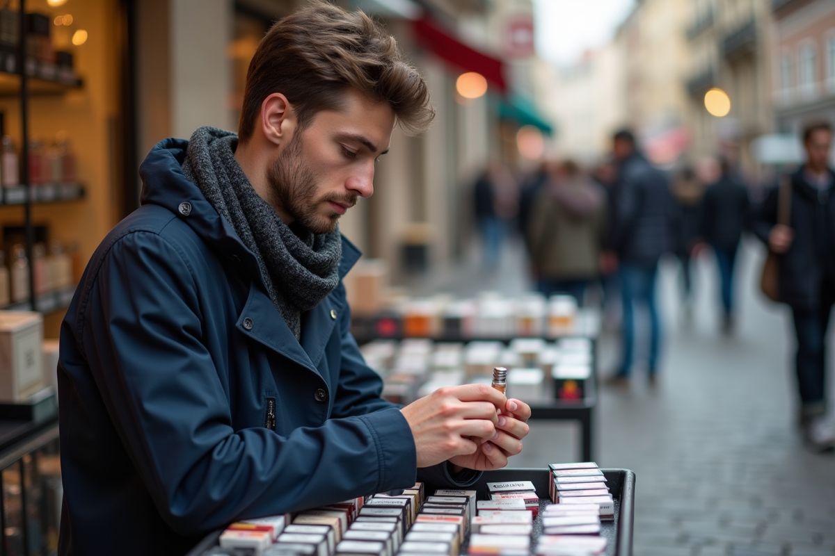 Jeune homme explorant un marché de parfums en plein air