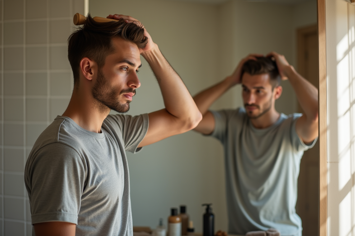 Jeune homme utilisant un massageur capillaire dans sa salle de bain