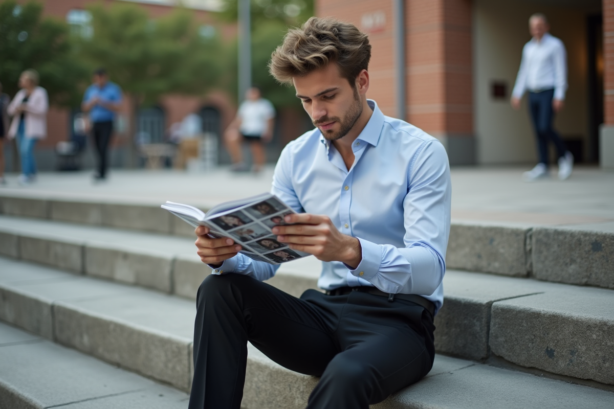 Jeune homme lisant un booklet dans un cadre urbain