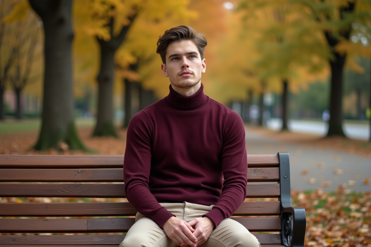 Jeune homme en automne assis sur un banc dans un parc