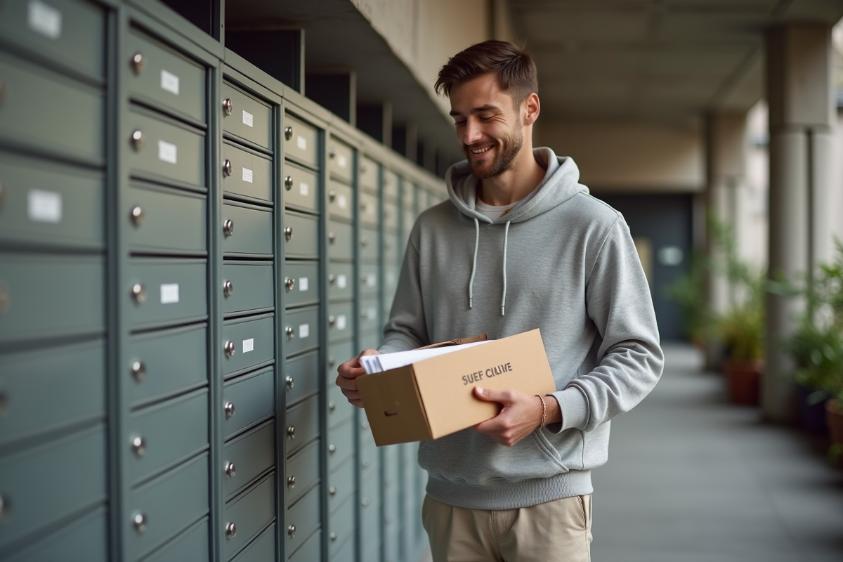 Jeune homme triant des échantillons près de la boîte aux lettres