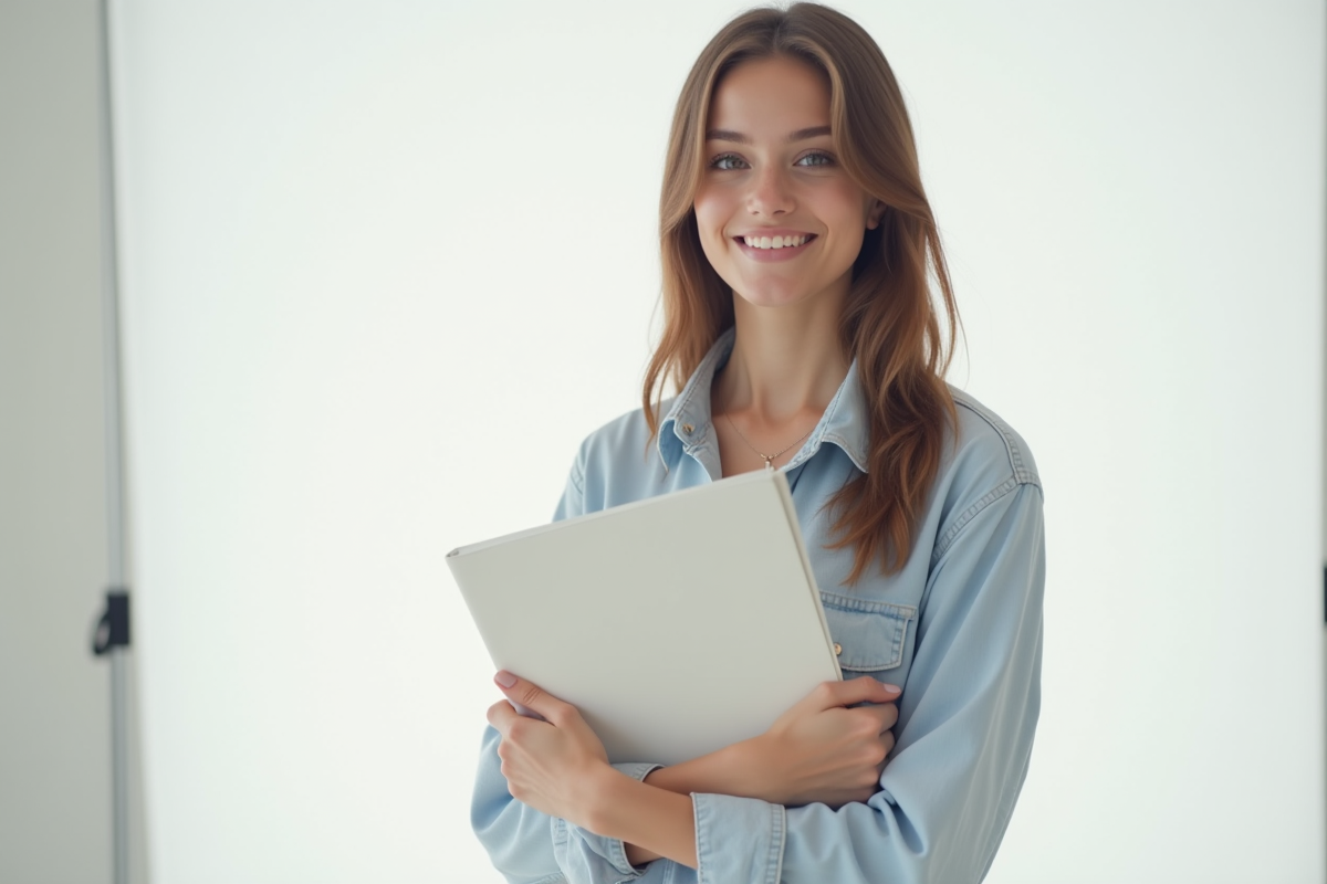 Jeune femme modèle souriante avec portefeuille de modélisme