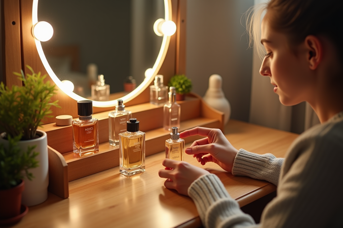 Jeune choisissant un parfum dans une coiffeuse en matinée