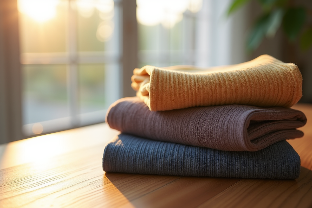 Leggings colorés pliés sur une table en bois près d