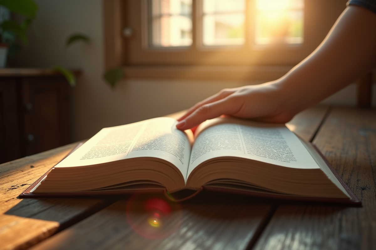 Livre ouvert sur une table en bois rustique avec lumière naturelle