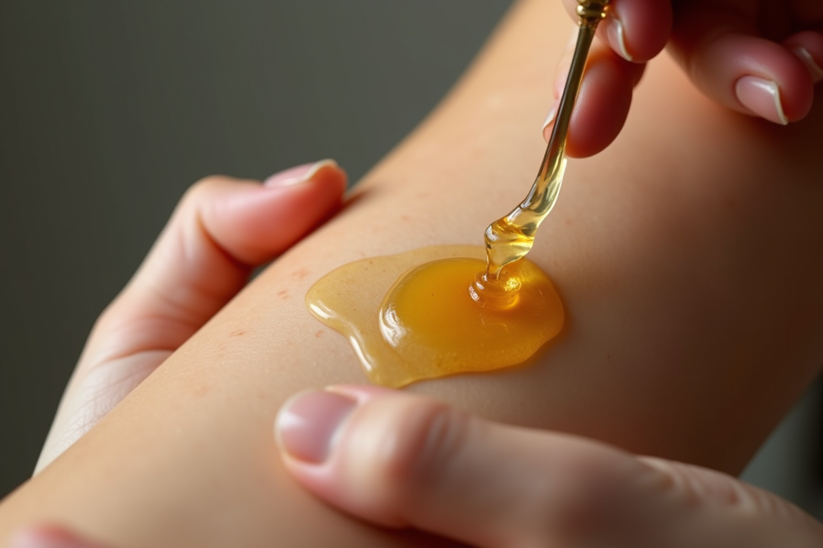 Main appliquant du miel sur une cicatrice sur le bras