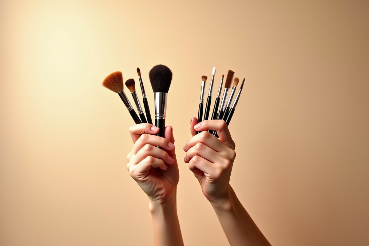 Mains tenant pinceaux et outils de maquillage sous lumière naturelle