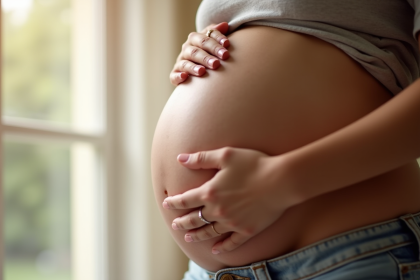 Mains d'une femme enceinte posant sur son ventre dans une lumière naturelle