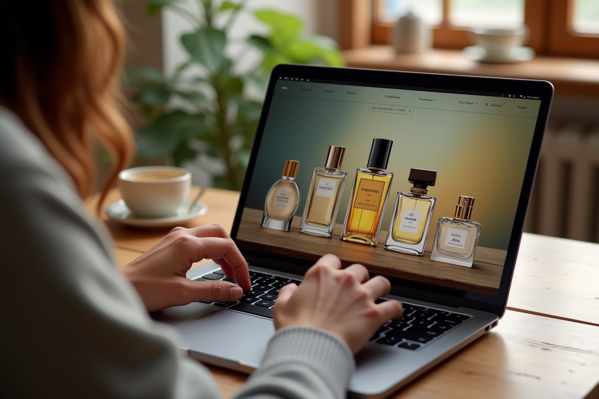 Mains tenant un ordinateur avec page de parfums de luxe