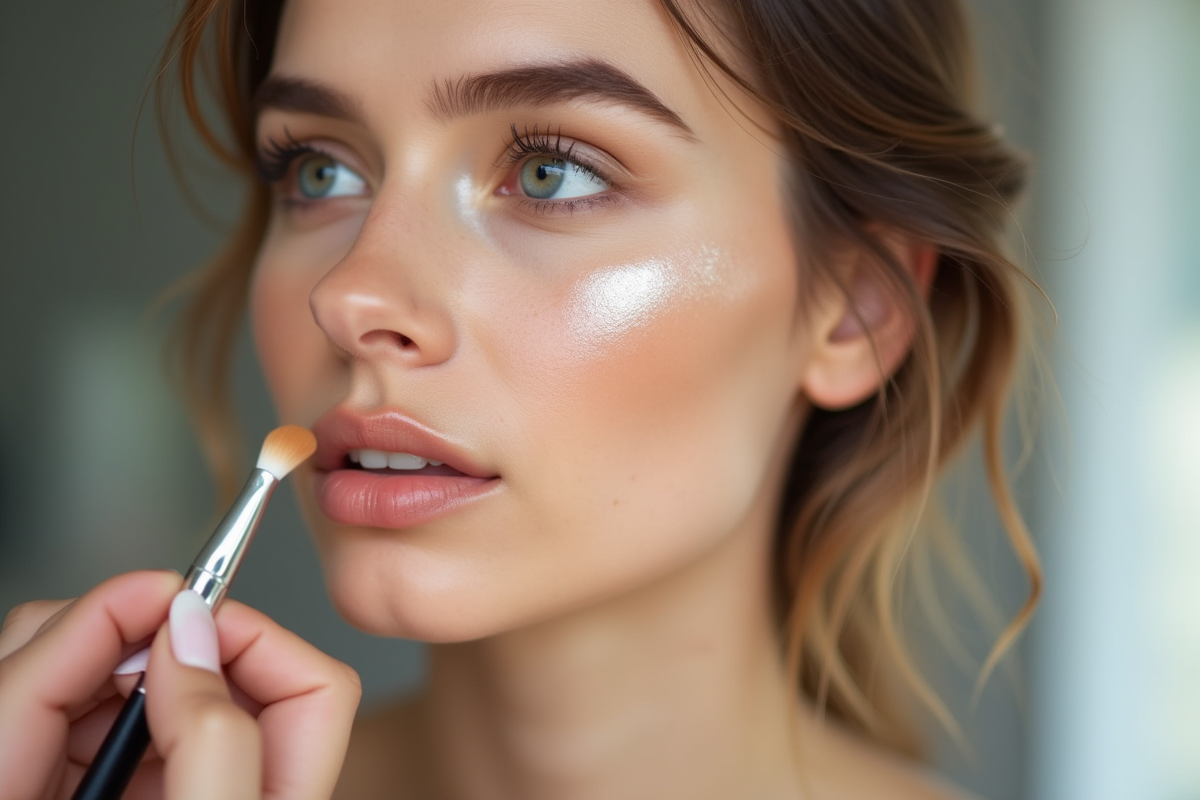 Main d'une maquilleuse appliquant une base sur un visage naturel