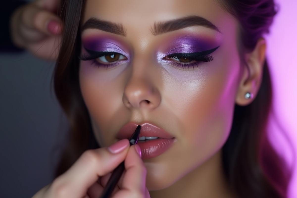 Maquilleuse appliquant un maquillage violet brillant sur les yeux