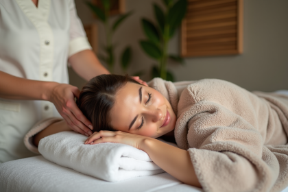 Femme d&eacute;tendue recevant un massage dans un spa apaisant