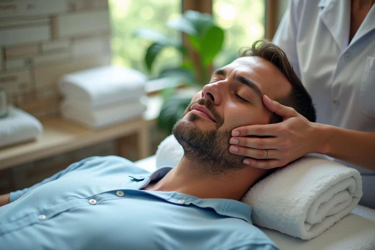 Homme recevant un massage facial dans un spa accueillant