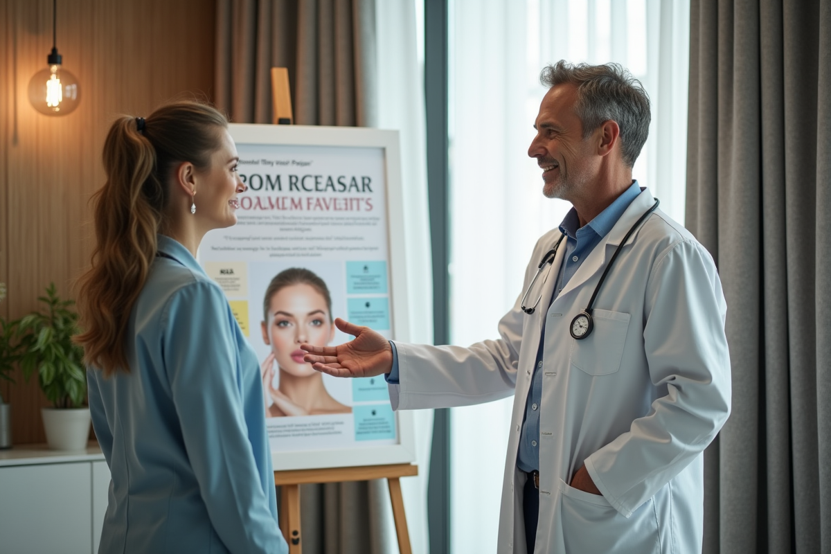 Medecin expliquant un poster de laser facelift en cabinet