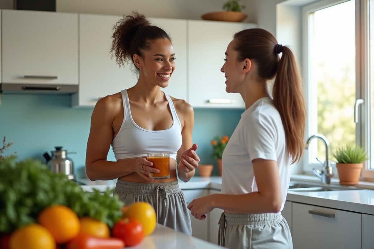 Nutritionniste en conseil dans une cuisine moderne avec légumes frais
