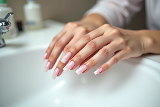 Mains de femme avec ongles artificiels endommagés sur un comptoir blanc