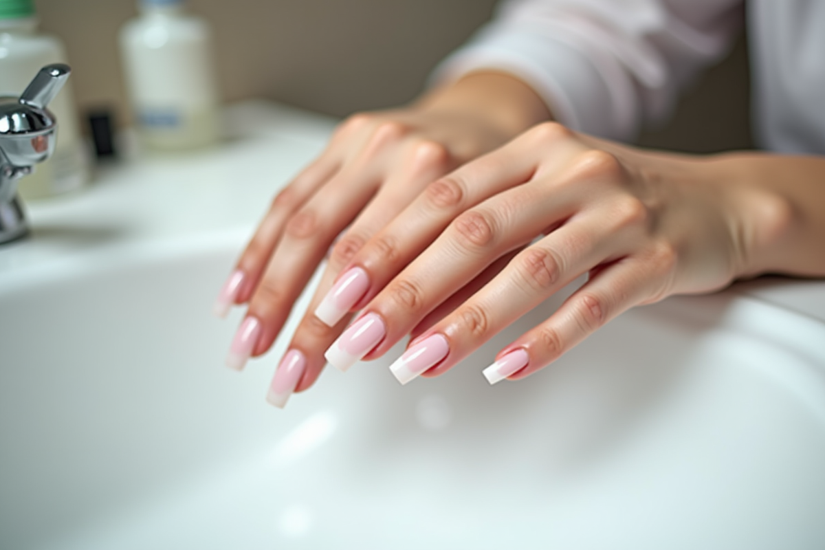 Mains de femme avec ongles artificiels endommagés sur un comptoir blanc