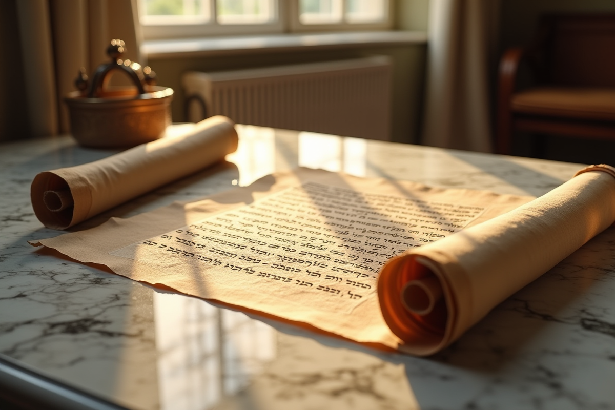 Parchemin ancien déployé sur une table en marbre avec écriture hébraïque et grecque