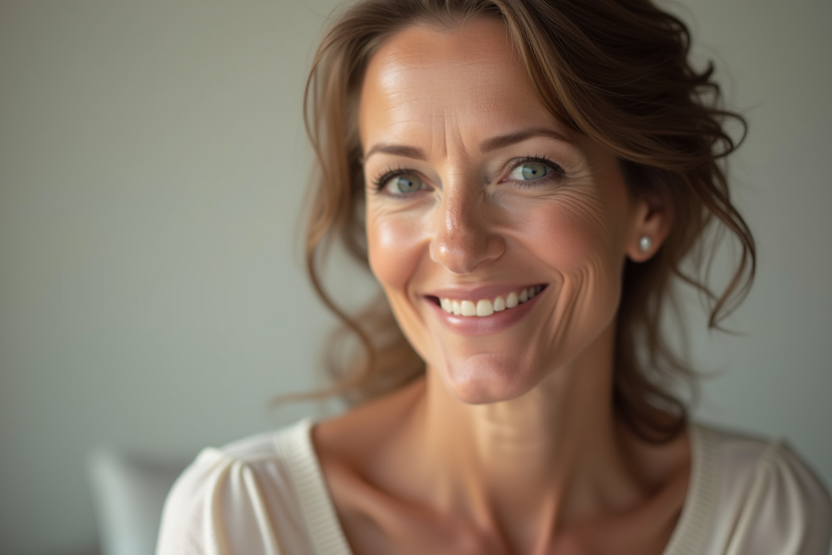 Femme mature au visage lumineux et naturel pour article sur la peau