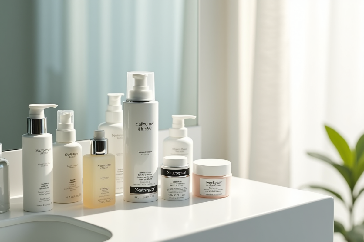Gamme de produits de soin visage Neutrogena sur un comptoir lumineux