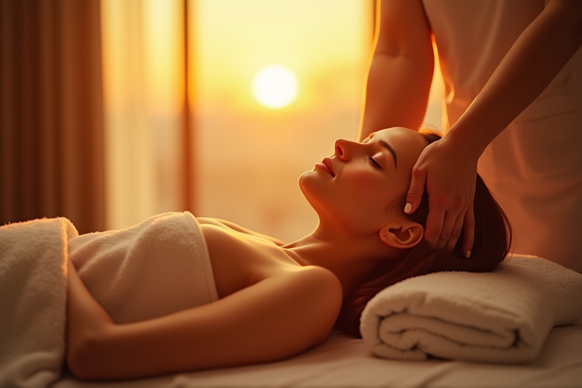 Salle de spa au coucher du soleil avec massage relaxant