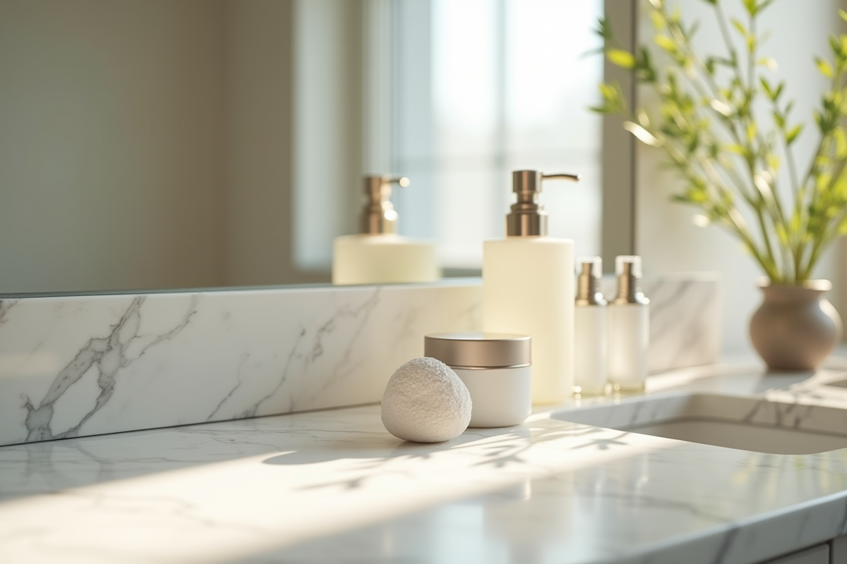 Salle de bain avec produits de soin sur marbre lumière naturelle