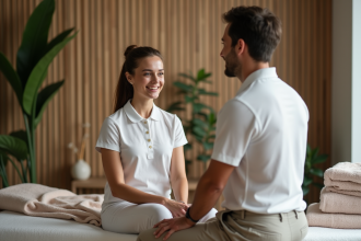 Femme et masseur discutent dans un studio de bien-être