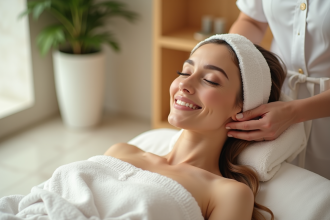 Femme élégante en soin visage dans un spa haut de gamme