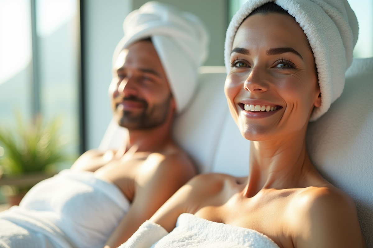 Couple détendu dans un spa lumineux avec peaux éclatantes