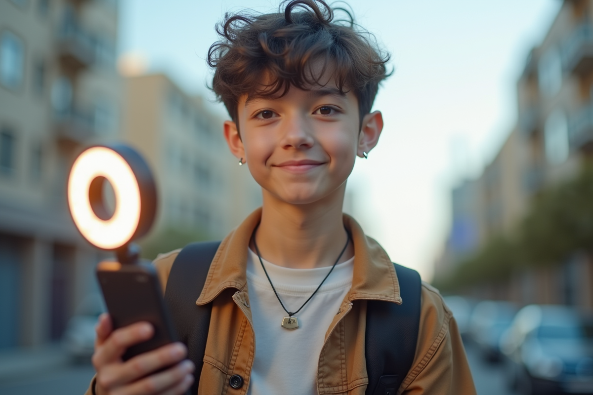 Jeune influenceur Z posant avec smartphone en ville lumineuse