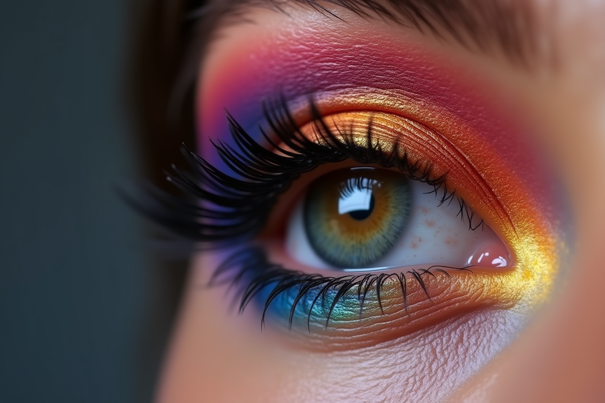 Zoom sur un œil avec un maquillage coloré et ombrage subtil